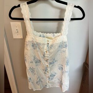 White Lace Tank with Blue Floral Design. Judith March Top, Size L, NWT